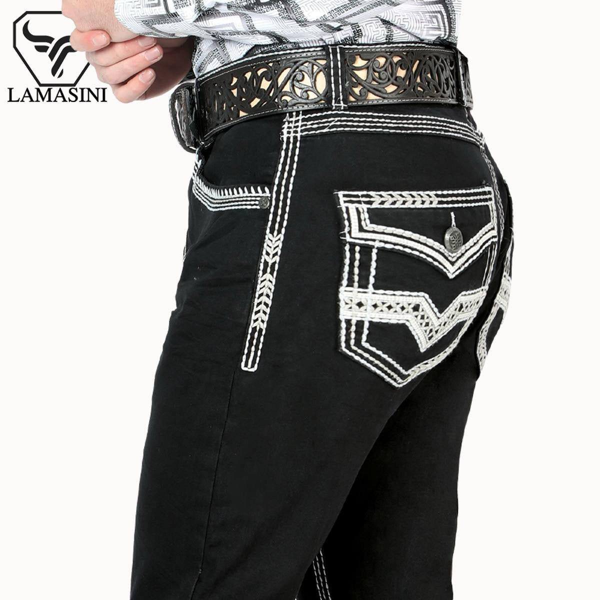 PREMIUM DENIM Embroidery Jeans Modern Boot Cut - Men's Menswear HIGH QYUALITY Lam1851Black
