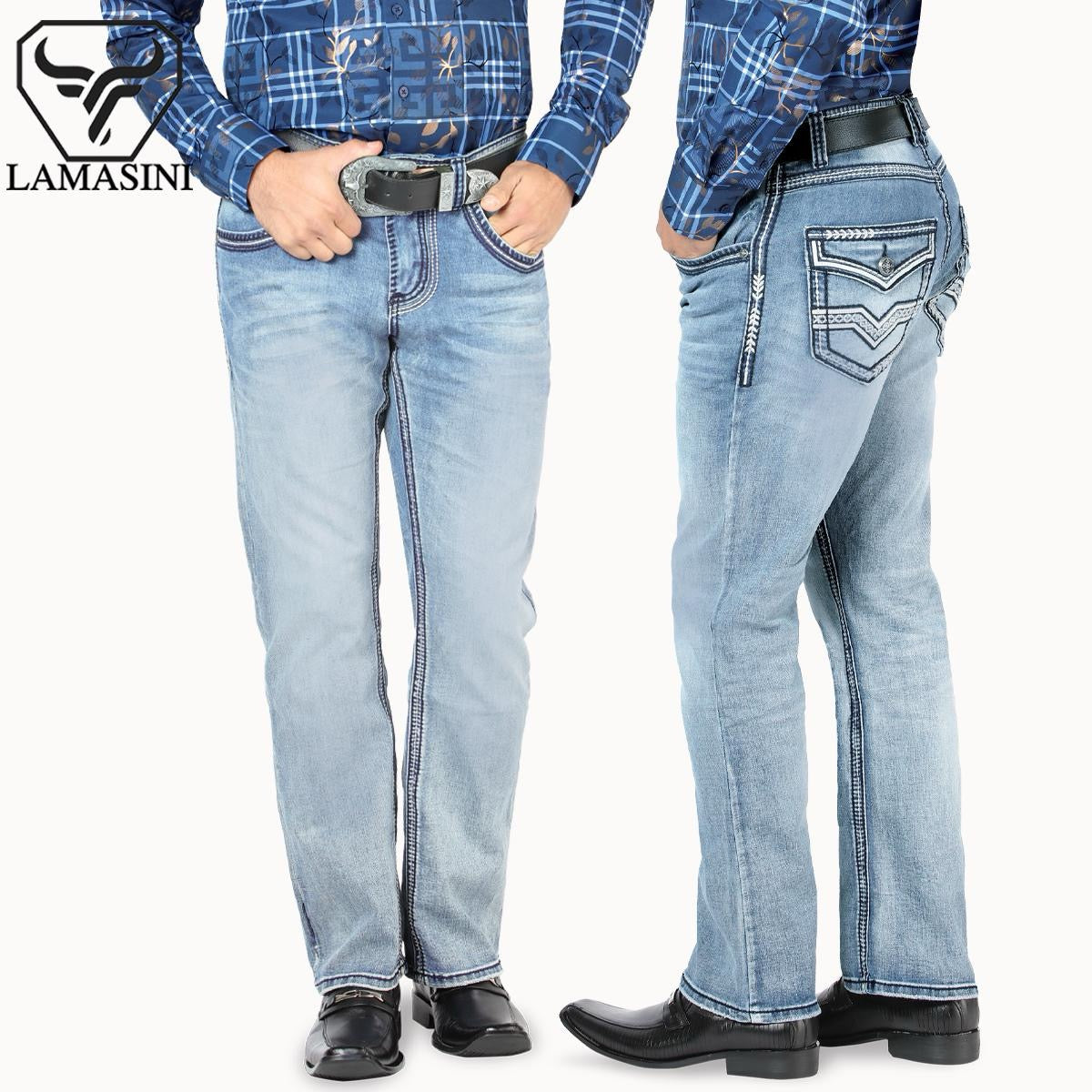 LAM1851 Light Blue Premium Denim Embroidery Jeans with Modern Boot Cut, High Quality Cotton, All Seasons, Button Closure, Western Style Classic Menswear
