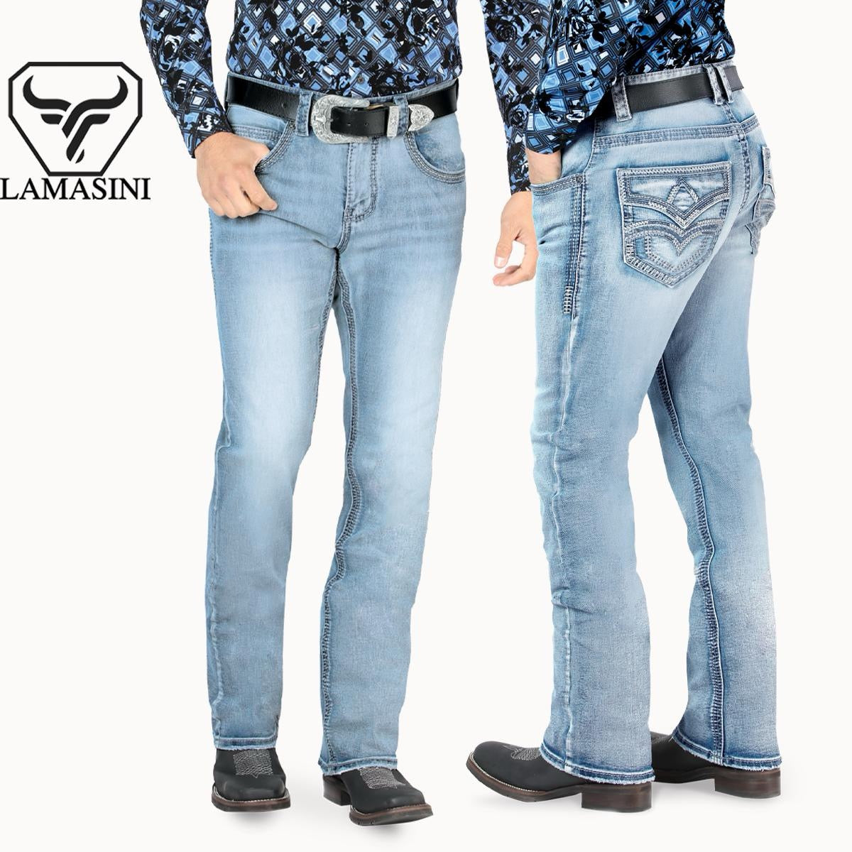 Premium Denim Embroidery Jeans with Modern Boot Cut, High Quality Cotton, Lamasini Lam1867 Light blue All Seasons, Button Closure, Western Style Classic Menswear