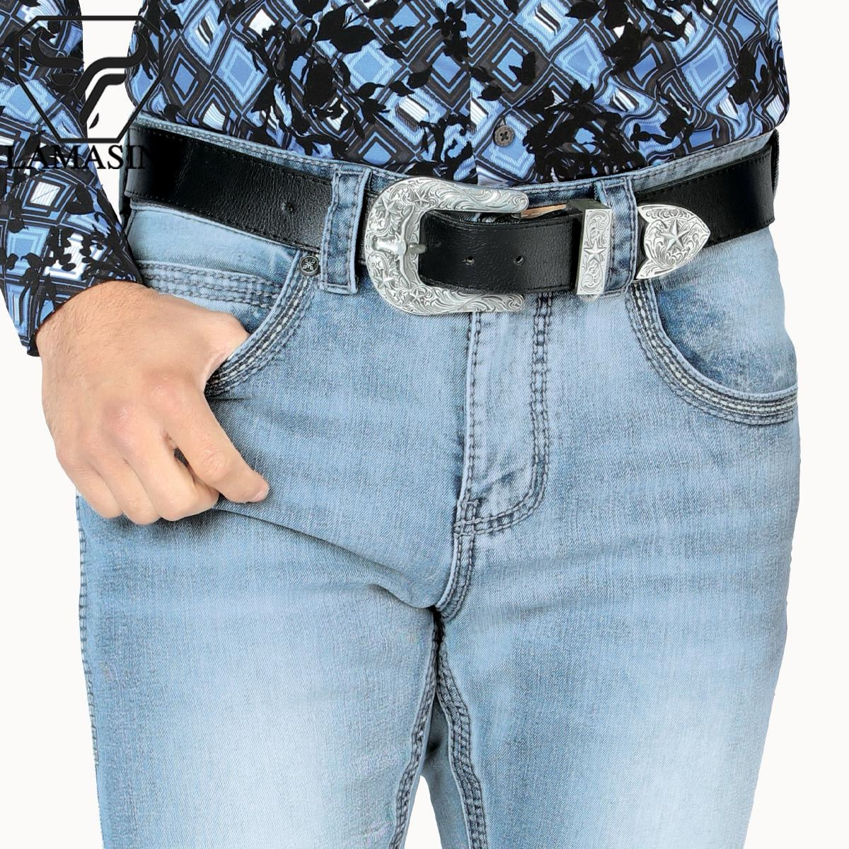 Premium Denim Embroidery Jeans with Modern Boot Cut, High Quality Cotton, Lamasini Lam1867 Light blue All Seasons, Button Closure, Western Style Classic Menswear