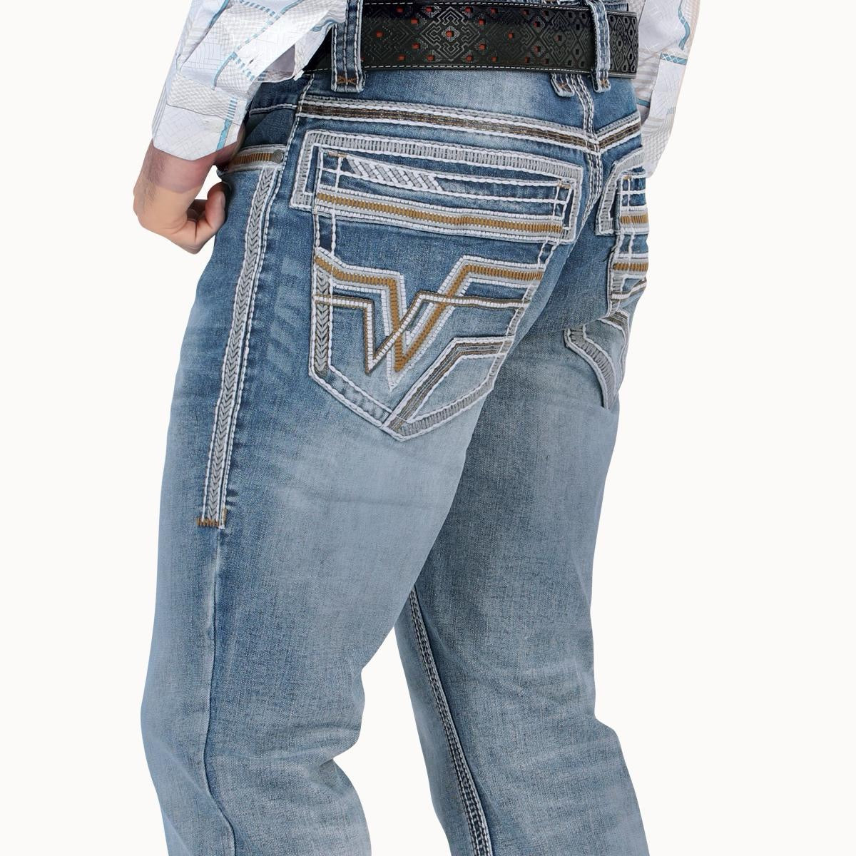 Premium Washed Stretch Embroidery Menswear, Mt4635 Man jeans add embroidery on back and front pocket