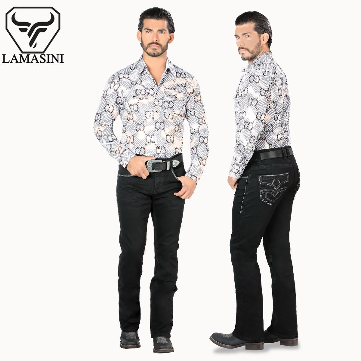 Premium Denim Embroidery Jeans with Modern Boot Cut, High Quality Cotton, Lamasini Lam1867 Black All Seasons, Button Closure, Western Style Classic Menswear