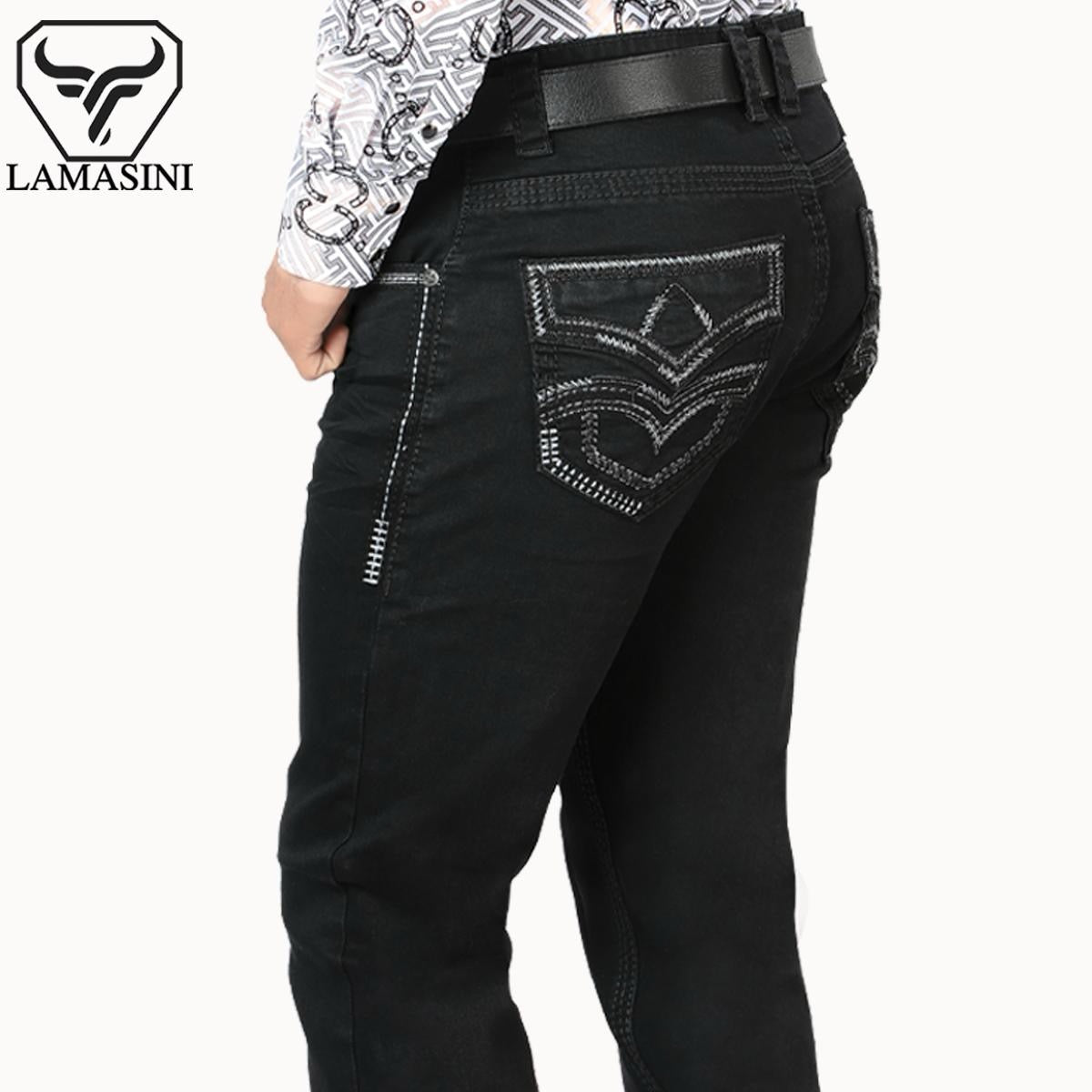 Premium Denim Embroidery Jeans with Modern Boot Cut, High Quality Cotton, Lamasini Lam1867 Black All Seasons, Button Closure, Western Style Classic Menswear