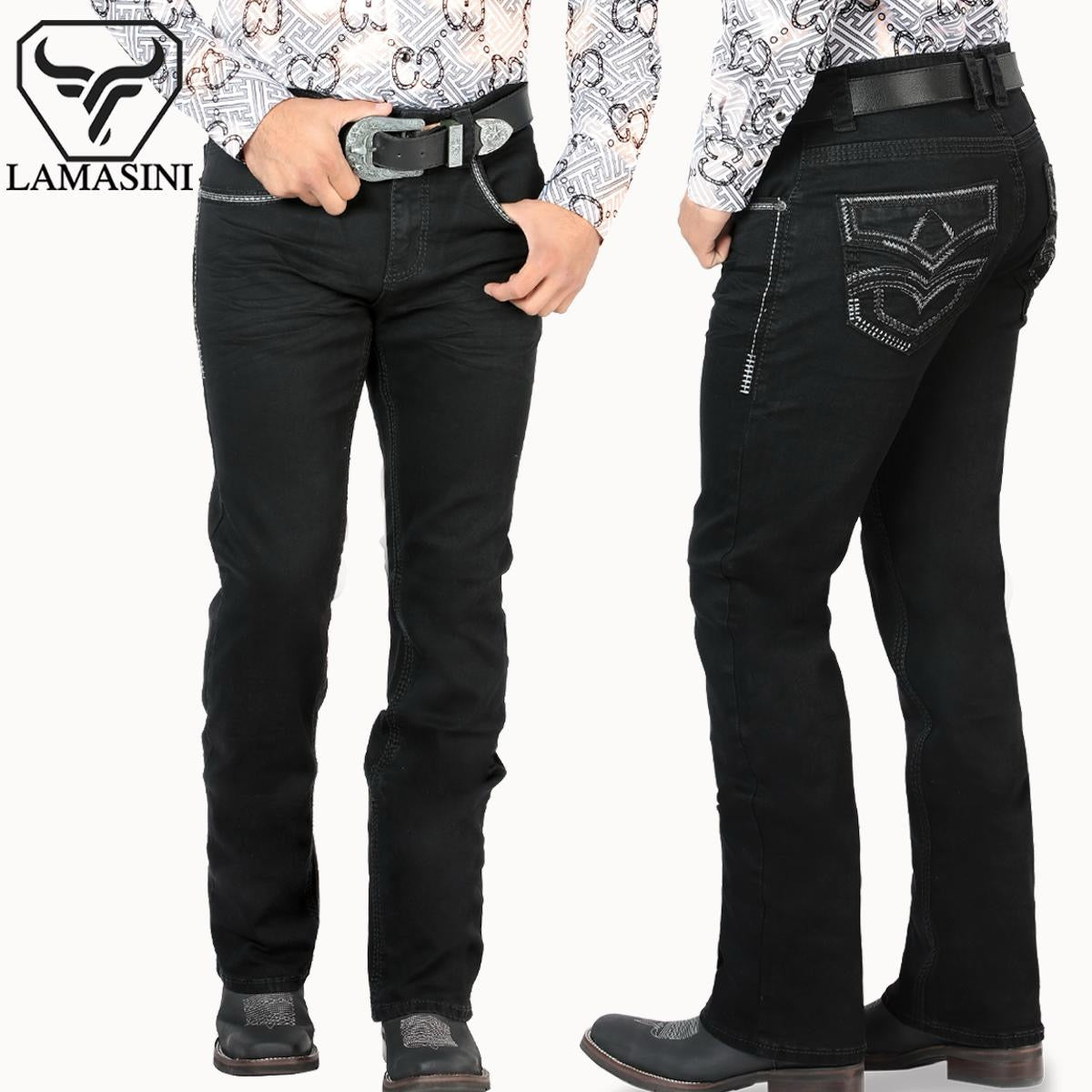 Premium Denim Embroidery Jeans with Modern Boot Cut, High Quality Cotton, Lamasini Lam1867 Black All Seasons, Button Closure, Western Style Classic Menswear