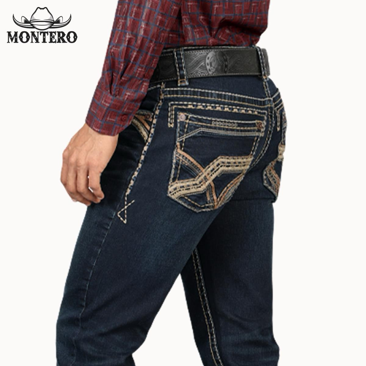 Premium Denim Beige and Brown Embroidery Jeans with Fake Leather and Beige and Brown Patch for Me Montero Mt4629 Dark Blue n - Menswear, Man