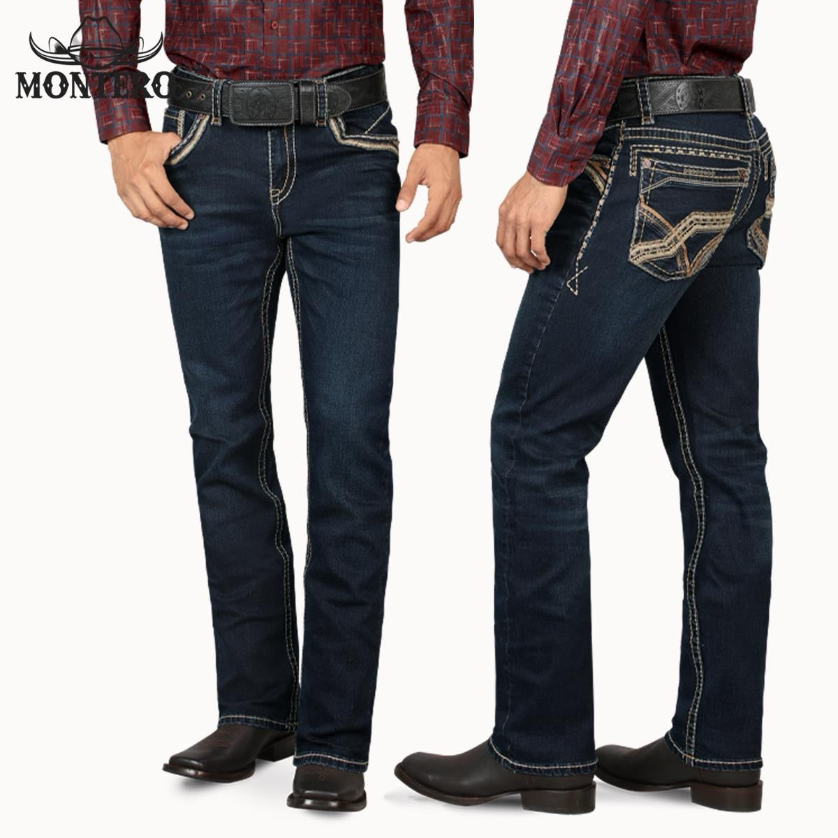 Premium Denim Beige and Brown Embroidery Jeans with Fake Leather and Beige and Brown Patch for Me Montero Mt4629 Dark Blue n - Menswear, Man