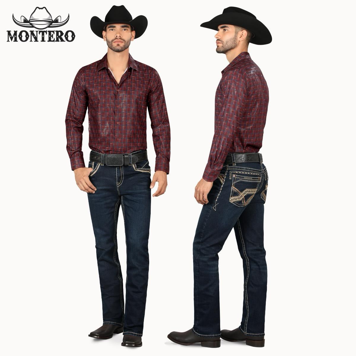 Premium Denim Beige and Brown Embroidery Jeans with Fake Leather and Beige and Brown Patch for Me Montero Mt4629 Dark Blue n - Menswear, Man