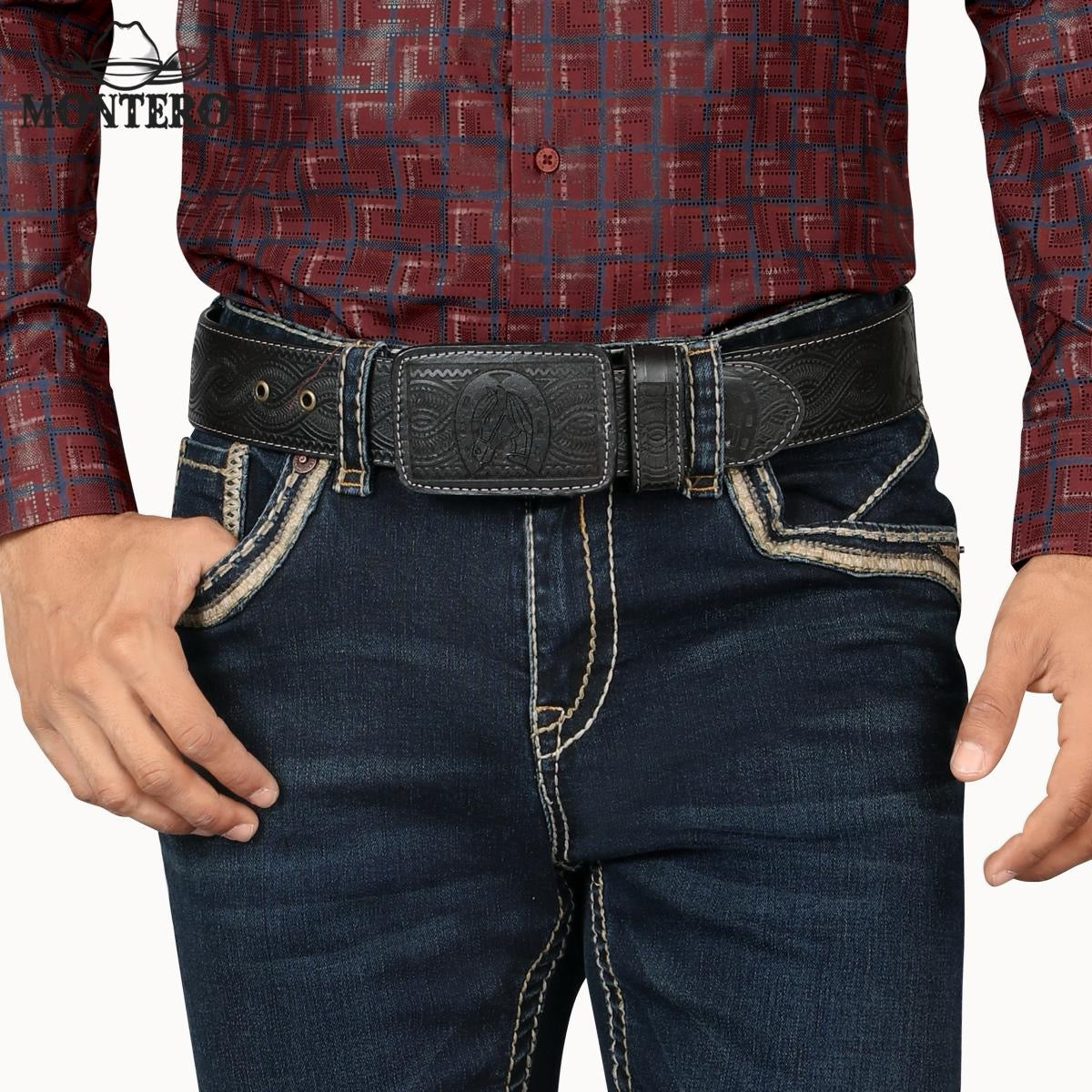 Premium Denim Beige and Brown Embroidery Jeans with Fake Leather and Beige and Brown Patch for Me Montero Mt4629 Dark Blue n - Menswear, Man