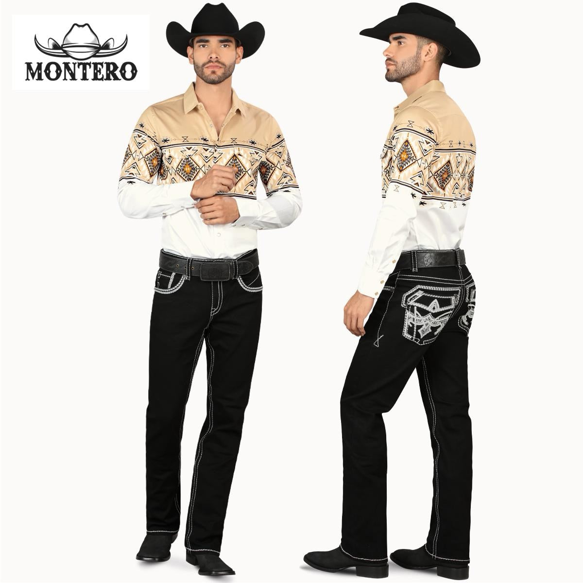 Black Premium Denim Wite Stitching and Embroidery Jeans with Feaux Leather Men jeans Montero Mt4630 Black - Menswear, Man Beige
