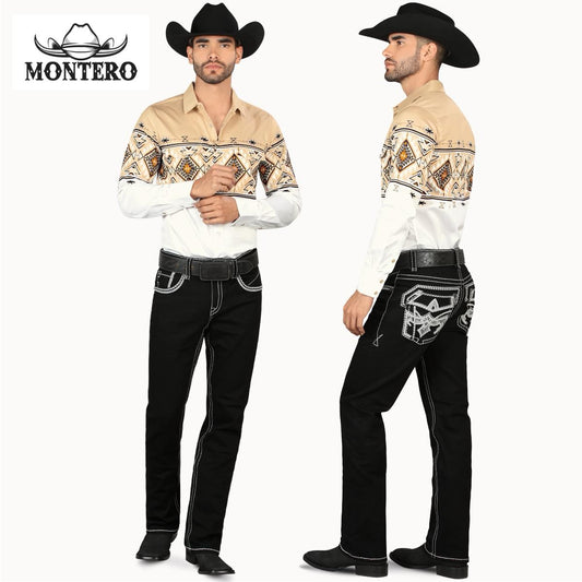 Black Premium Denim Wite Stitching and  Embroidery Jeans with Feaux Leather Men jeans Montero Mt4630 Black  - Menswear, Man Beige