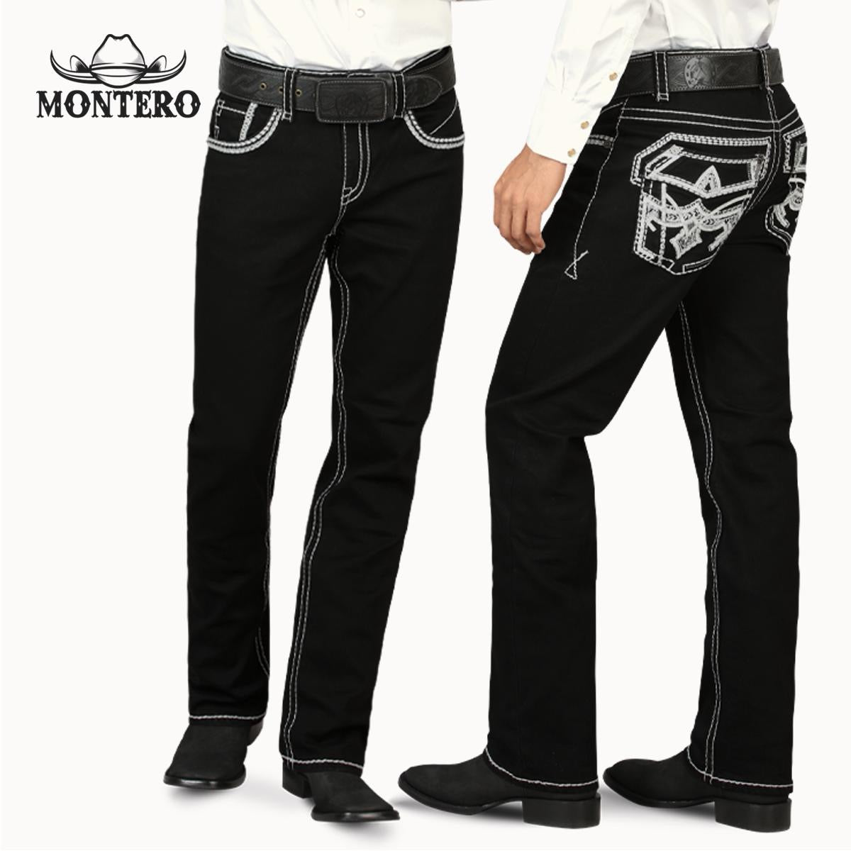 Black Premium Denim Wite Stitching and Embroidery Jeans with Feaux Leather Men jeans Montero Mt4630 Black - Menswear, Man Beige