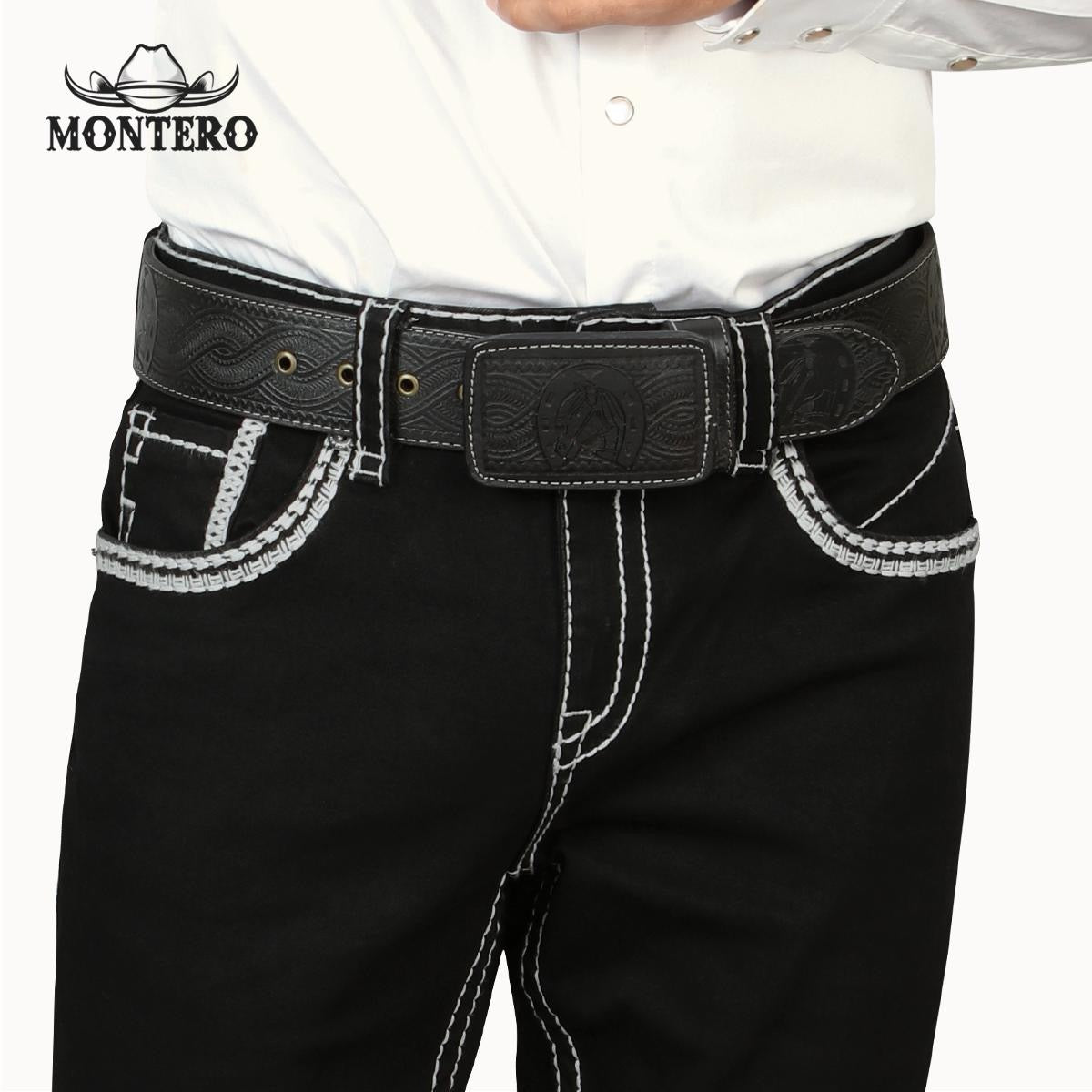 Black Premium Denim Wite Stitching and Embroidery Jeans with Feaux Leather Men jeans Montero Mt4630 Black - Menswear, Man Beige
