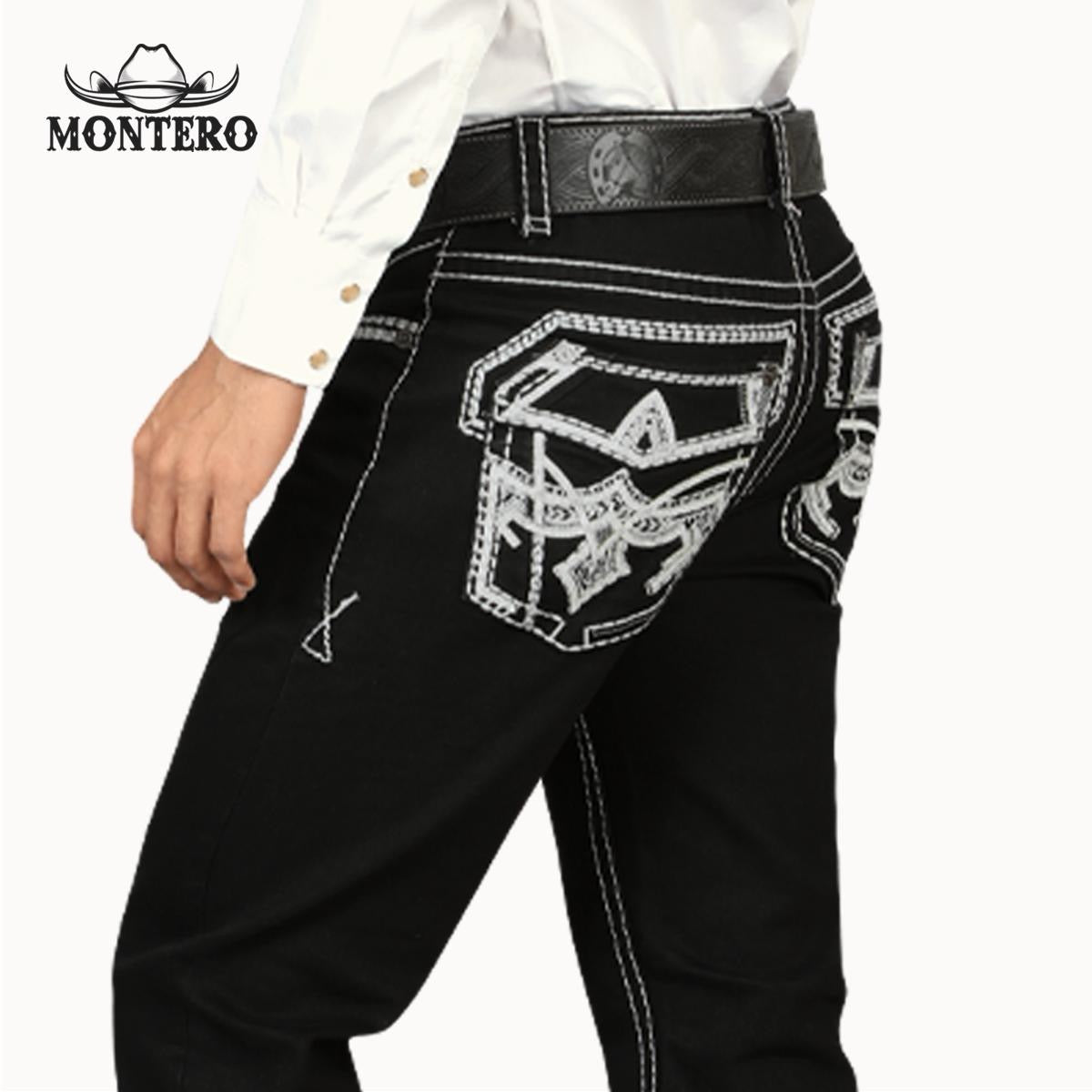 Black Premium Denim Wite Stitching and Embroidery Jeans with Feaux Leather Men jeans Montero Mt4630 Black - Menswear, Man Beige