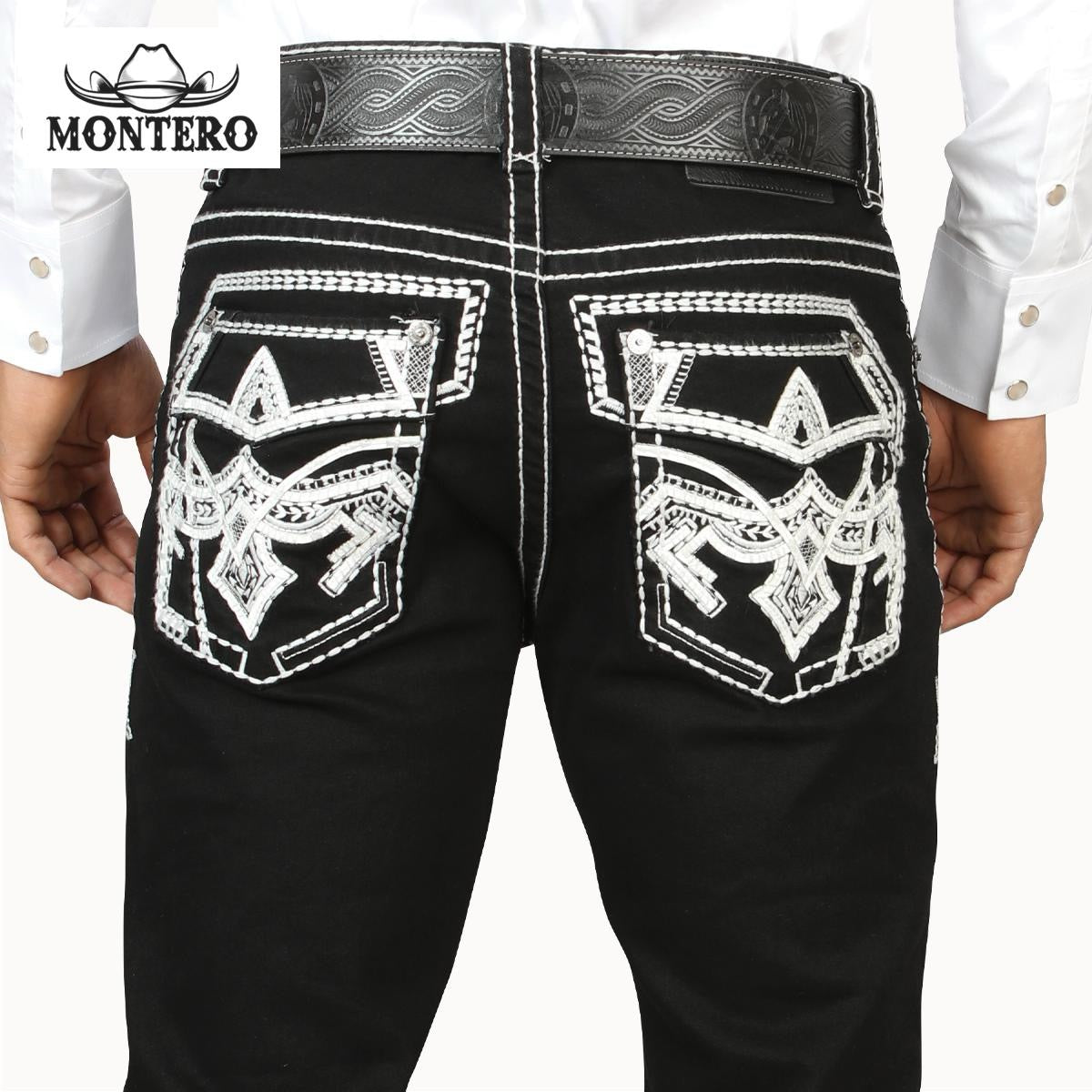 Black Premium Denim Wite Stitching and Embroidery Jeans with Feaux Leather Men jeans Montero Mt4630 Black - Menswear, Man Beige