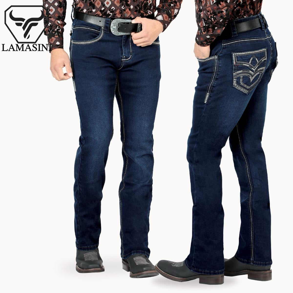 Premium Denim Embroidery Jeans with Modern Boot Cut, High Quality Cotton, Lam1867 Dark blue All Seasons, Button Closure, Western Style Classic Menswear