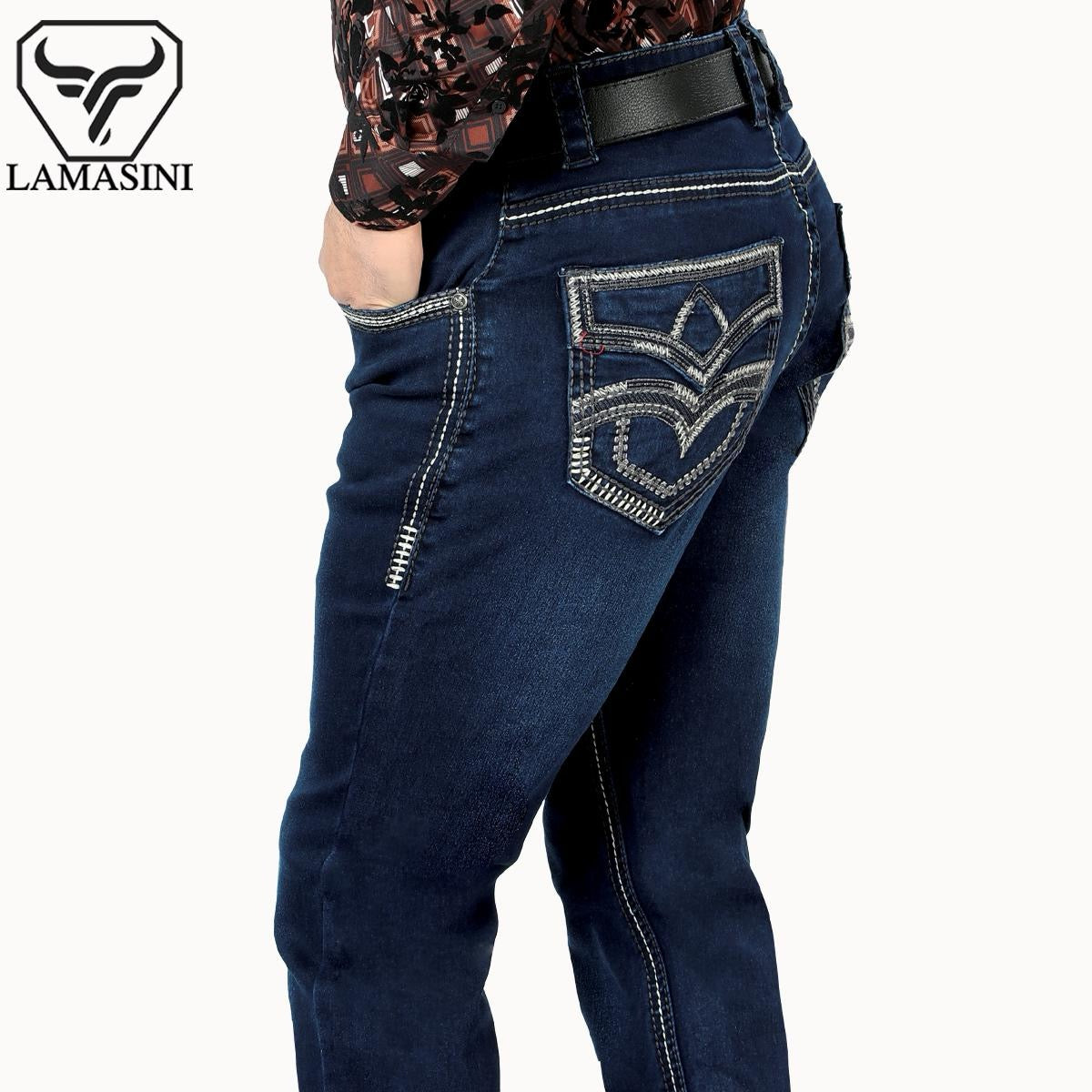 Premium Denim Embroidery Jeans with Modern Boot Cut, High Quality Cotton, Lam1867 Dark blue All Seasons, Button Closure, Western Style Classic Menswear