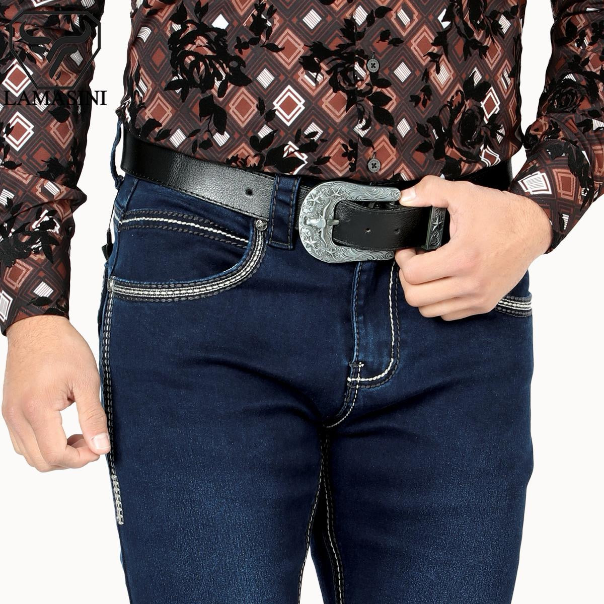 Premium Denim Embroidery Jeans with Modern Boot Cut, High Quality Cotton, Lam1867 Dark blue All Seasons, Button Closure, Western Style Classic Menswear