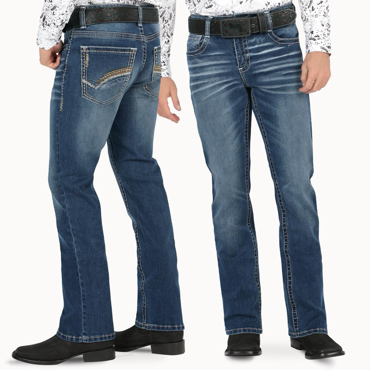 MONTERO JEANS WESTERN STYLE MT4653 medium Blue Washed Denim Boot - Biege, Medium Stitching, Classic Western Style, Machine Washable, All Seasons - Aesthetic - Streetwear, Stylish, Trouser, Overall, Man, Shirts, Cowboy, Pants, Menswear