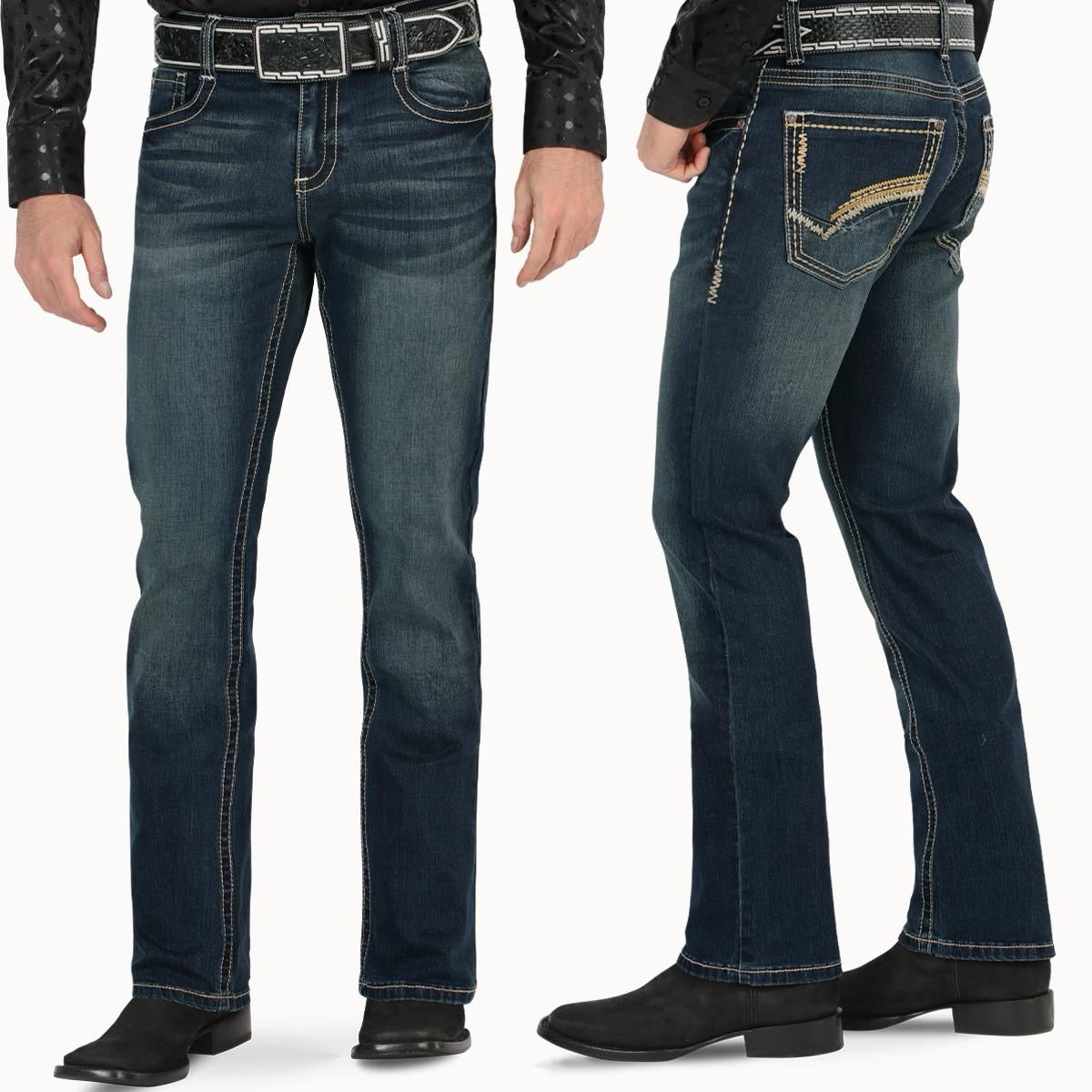 MONTERO JEANS WESTERN STYLE MT4651 DK Blue Washed Denim Boot - Biege, Medium Stitching, Classic Western Style, Machine Washable, All Seasons - Aesthetic