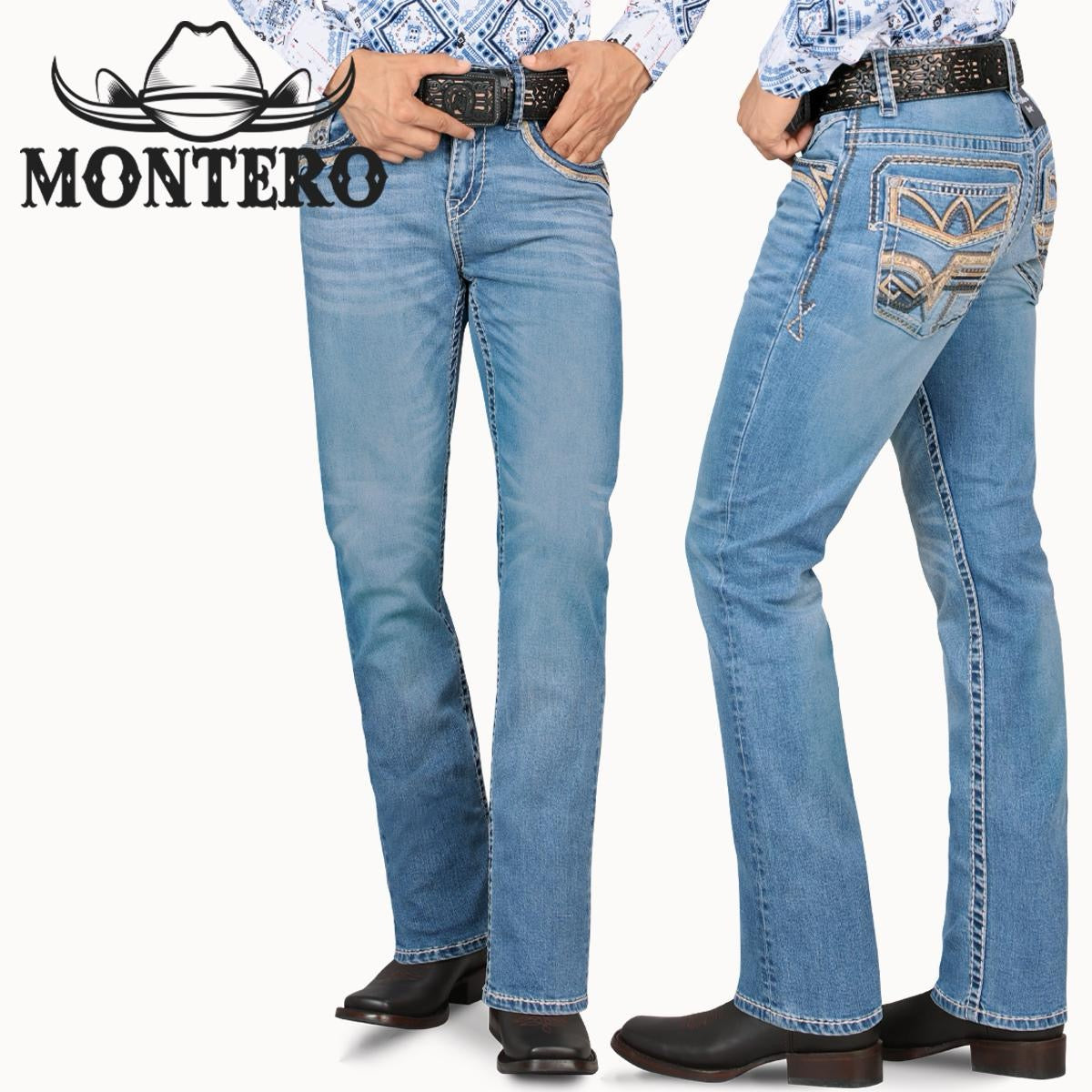 MONTERO MT4599 lt BLUE PREMIUM DENIM EMBROIDERY JEANS BEIGE BROWN STITCHING WITH FEUX LEATHER
