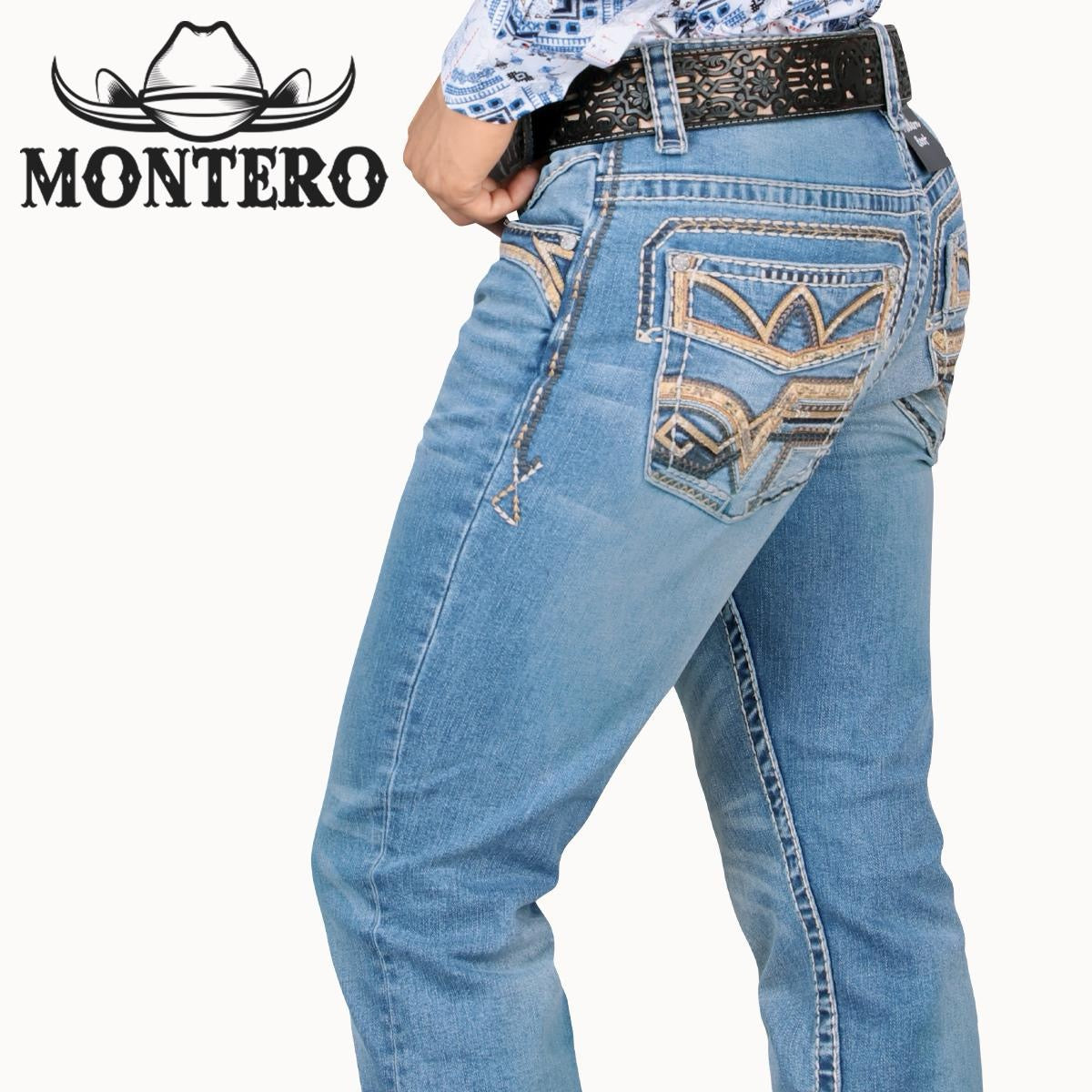 MONTERO MT4599 lt BLUE PREMIUM DENIM EMBROIDERY JEANS BEIGE BROWN STITCHING WITH FEUX LEATHER
