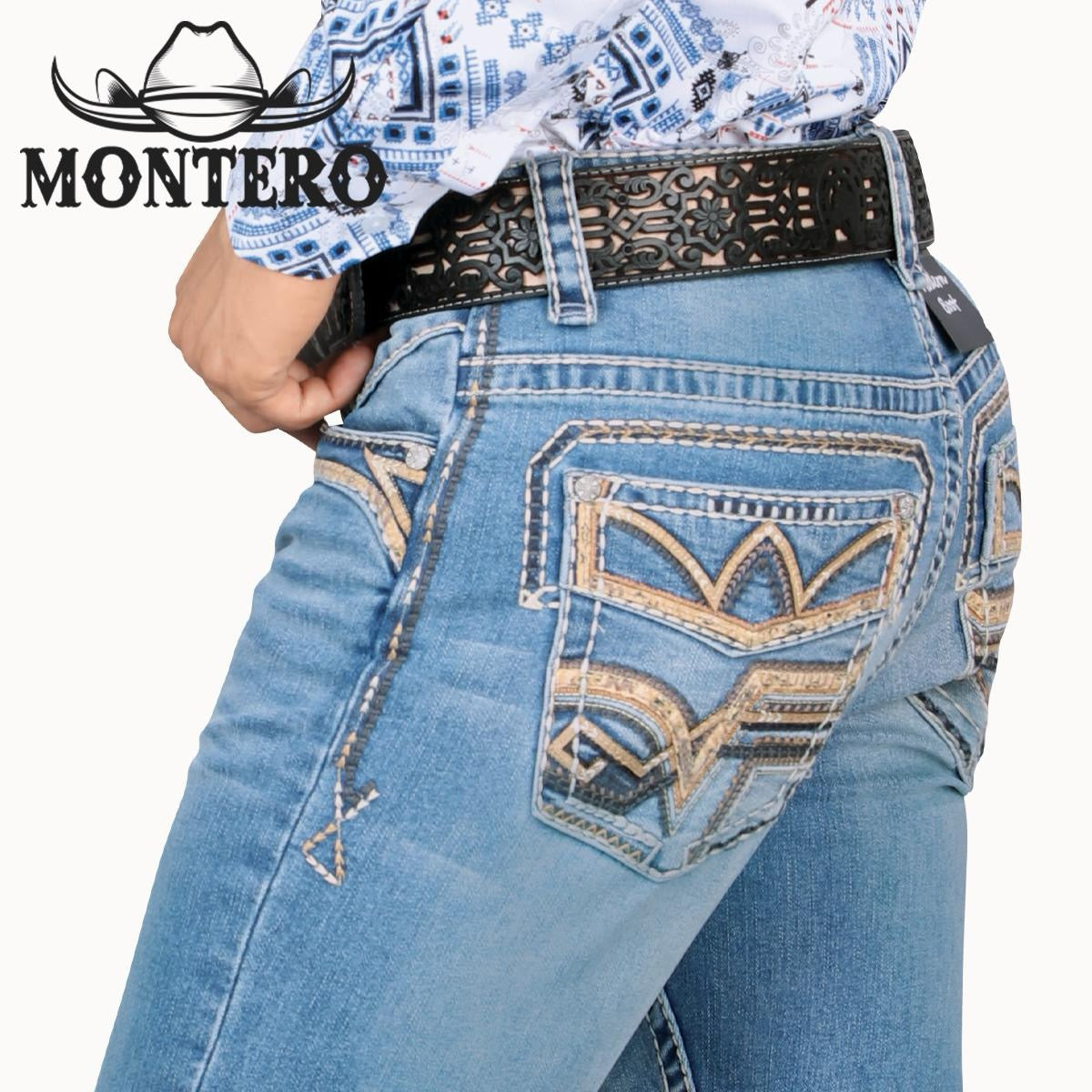 MONTERO MT4599 lt BLUE PREMIUM DENIM EMBROIDERY JEANS BEIGE BROWN STITCHING WITH FEUX LEATHER