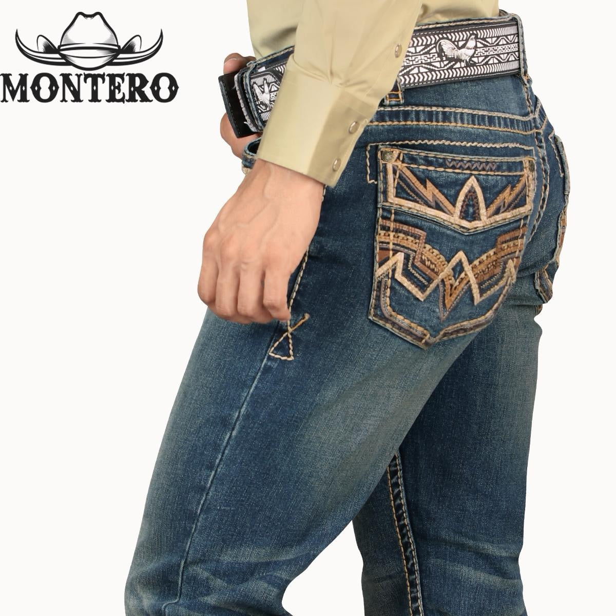PREMIUM DENIM EMBROIDERY JEANS BEIGE BROWN STITCHING WITH FEUX LEATHER Montero Mt4594 Dark Blue