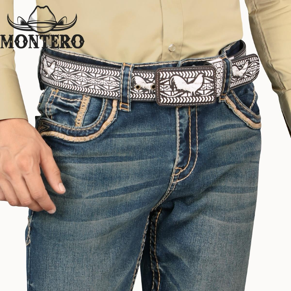 PREMIUM DENIM EMBROIDERY JEANS BEIGE BROWN STITCHING WITH FEUX LEATHER Montero Mt4594 Dark Blue