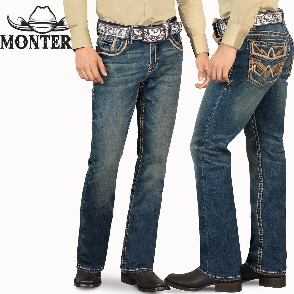 PREMIUM DENIM EMBROIDERY JEANS BEIGE BROWN STITCHING WITH FEUX LEATHER Montero Mt4594 Dark Blue