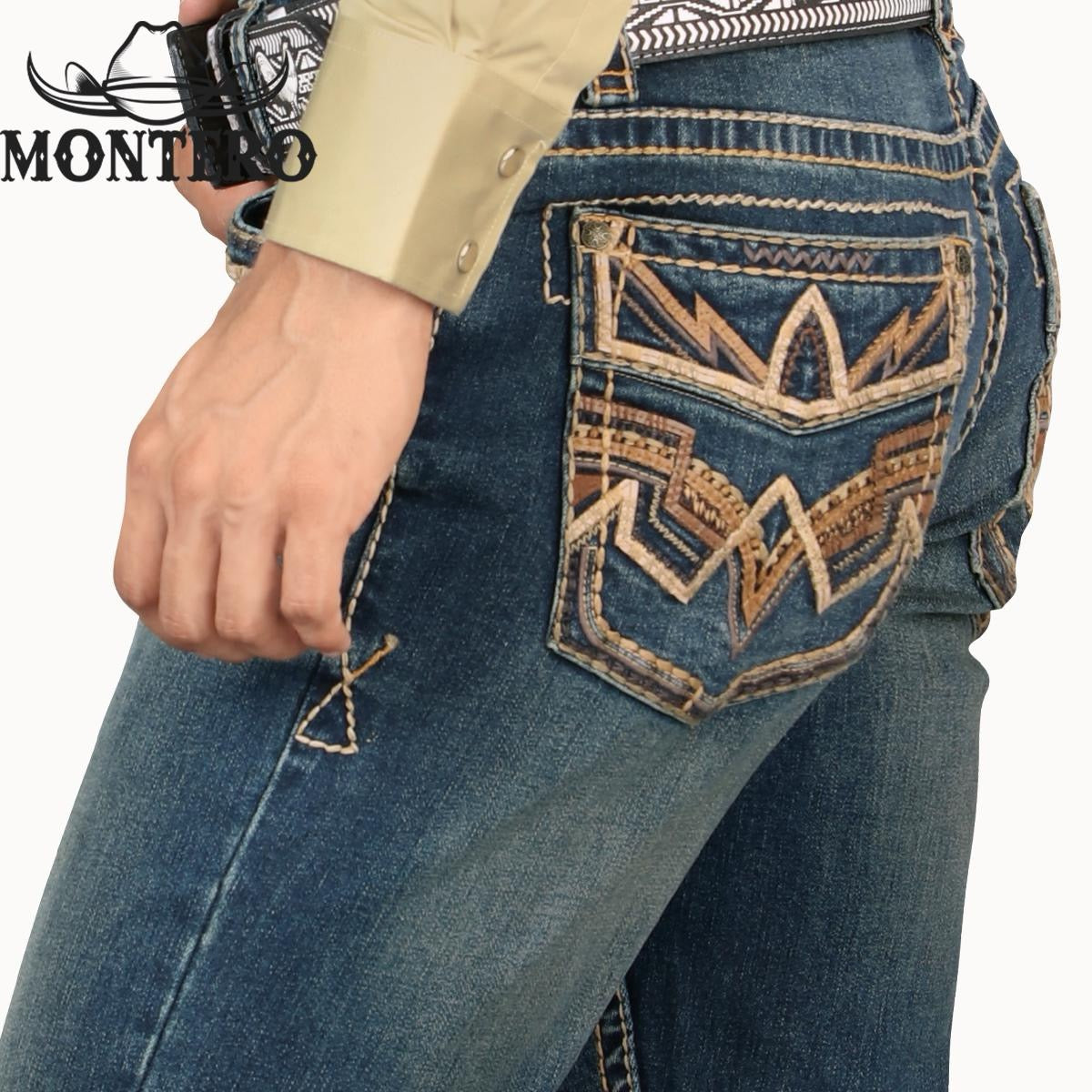 PREMIUM DENIM EMBROIDERY JEANS BEIGE BROWN STITCHING WITH FEUX LEATHER Montero Mt4594 Dark Blue