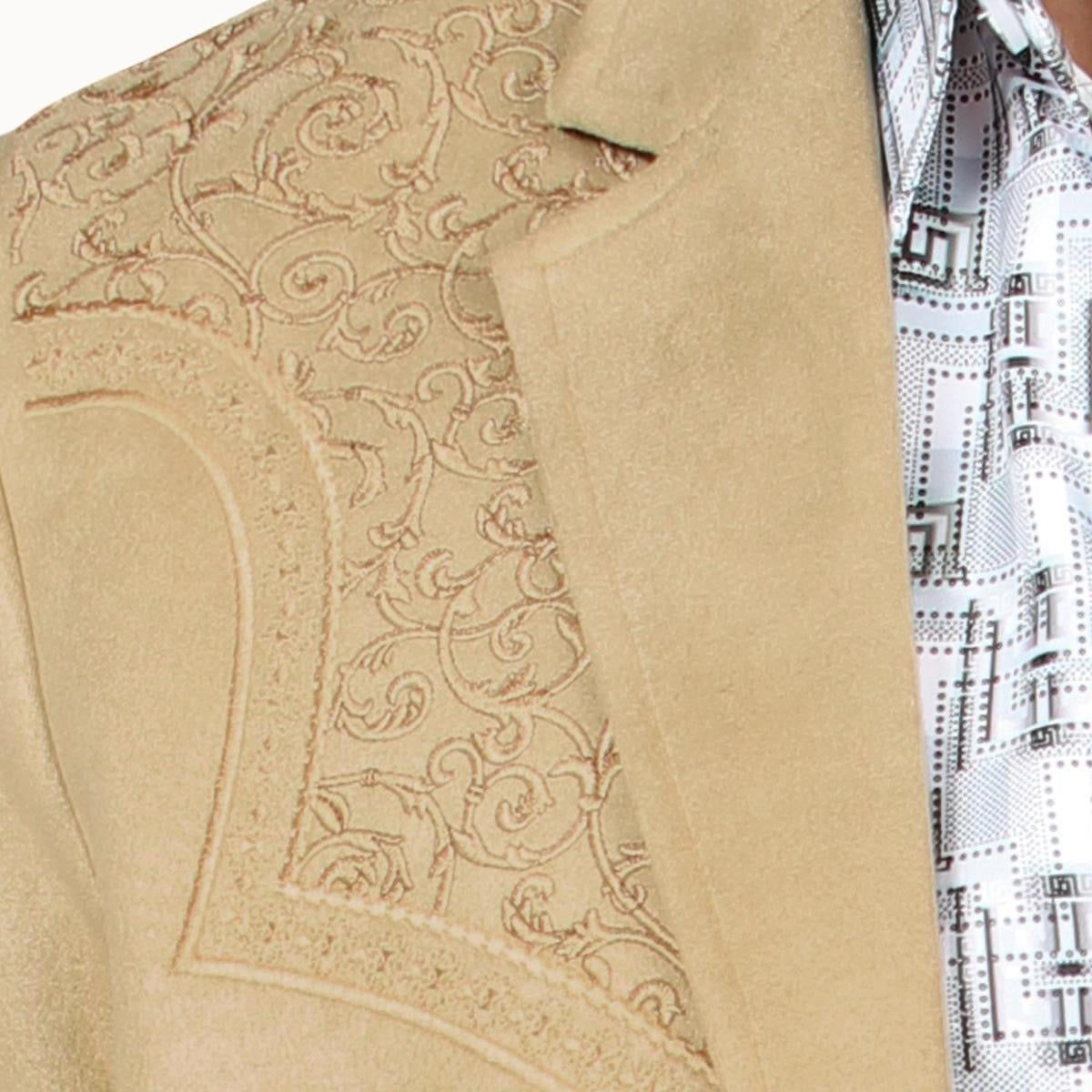 MONTERO MENS Western Embroidery beige FABRIC BROWN beige Double Button Blazer MT2182 Faux Suede, Medium Length, Hand Wash Only, All Seasons, Plaid Pattern - Menswear, Coats