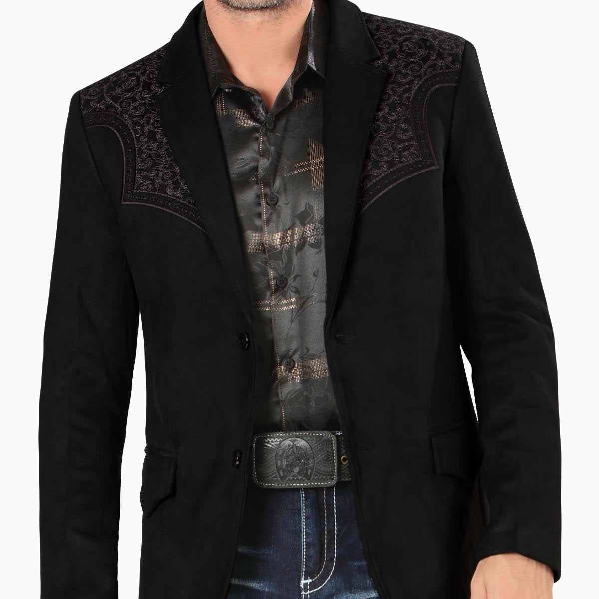 MONTERO MENS Western Embroidery black fabric charcoal embroidery Double Button Blazer MT2182 Faux Suede, Medium Length, Hand Wash Only, All Seasons, Plaid Pattern - Menswear, Coats.