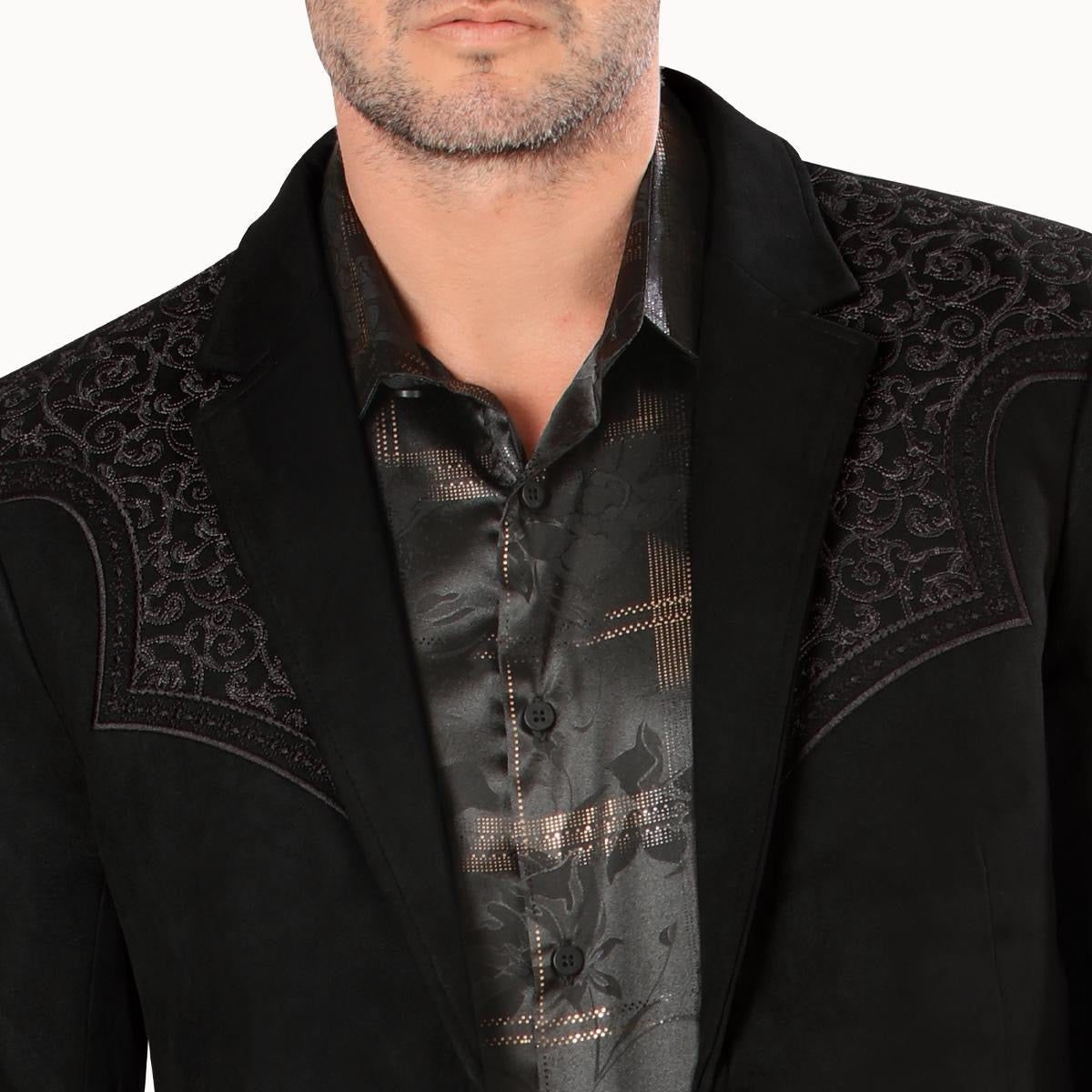 MONTERO MENS Western Embroidery black fabric charcoal embroidery Double Button Blazer MT2182 Faux Suede, Medium Length, Hand Wash Only, All Seasons, Plaid Pattern - Menswear, Coats.
