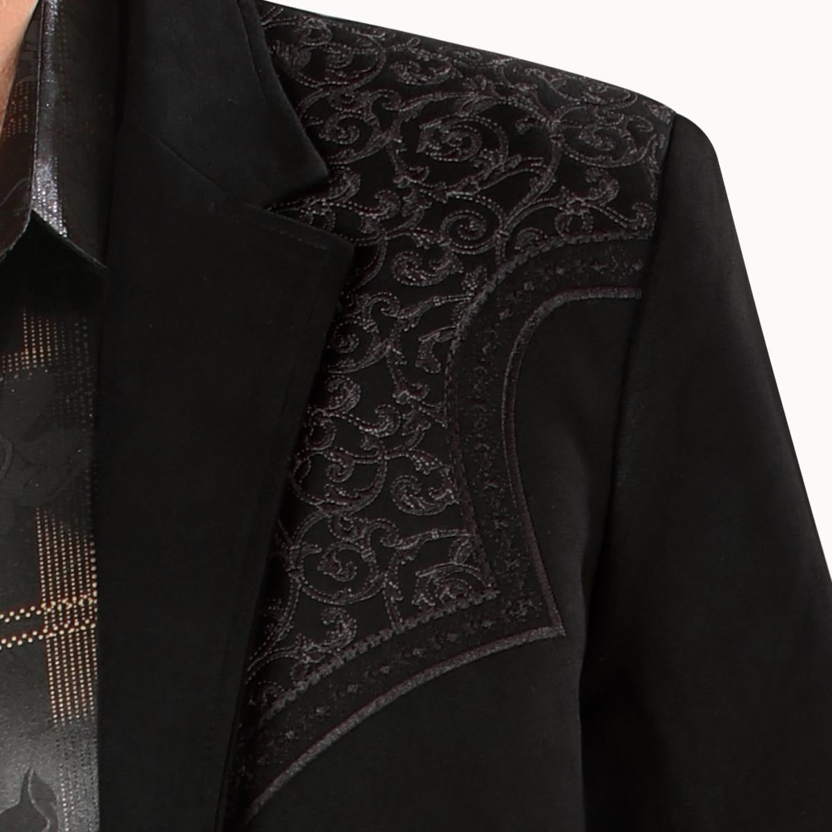 MONTERO MENS Western Embroidery black fabric charcoal embroidery Double Button Blazer MT2182 Faux Suede, Medium Length, Hand Wash Only, All Seasons, Plaid Pattern - Menswear, Coats.