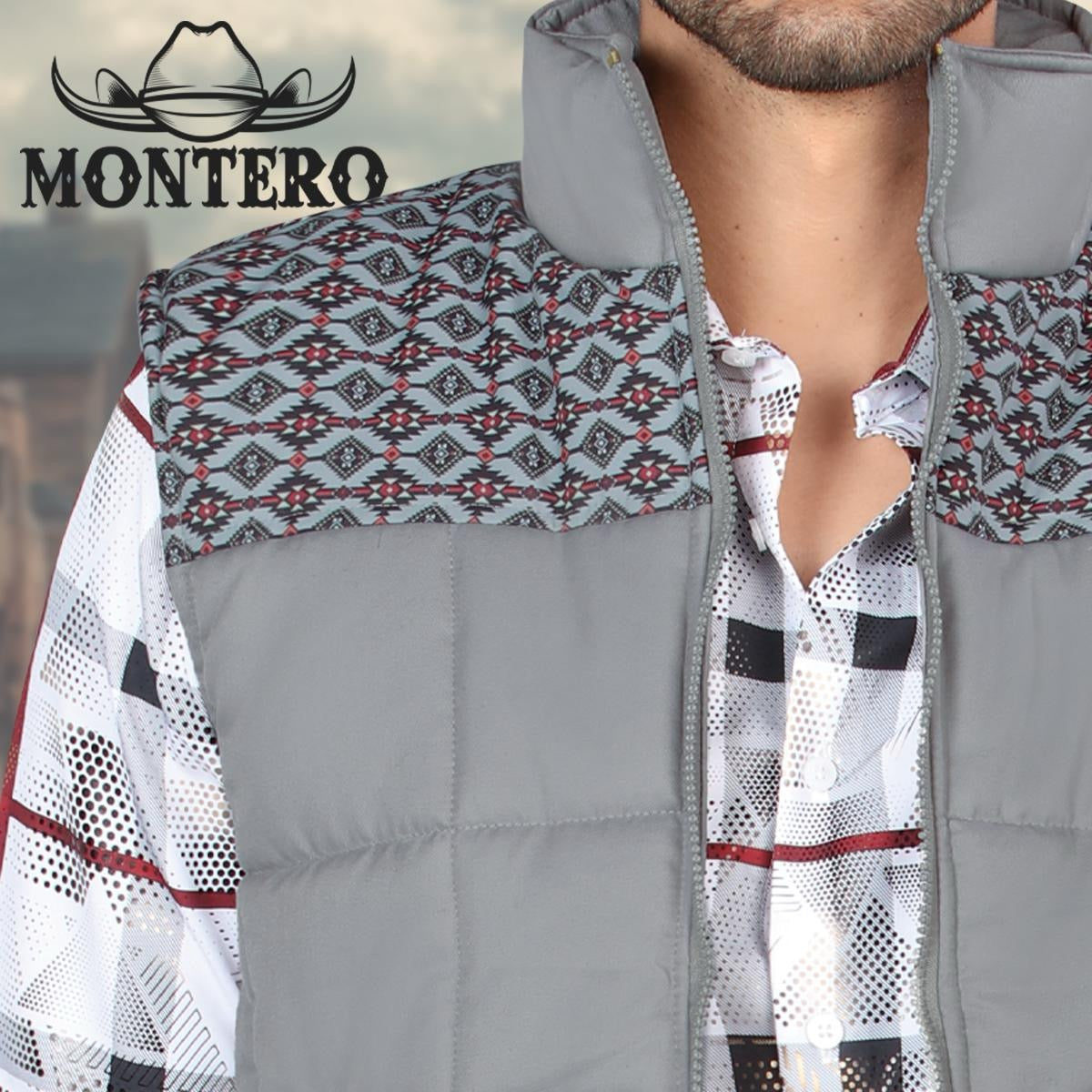 MT10001 GREY WESTERN VEST AZTEK FULL AZTEK PRINT MENS NYLON LINNED Tops Leather