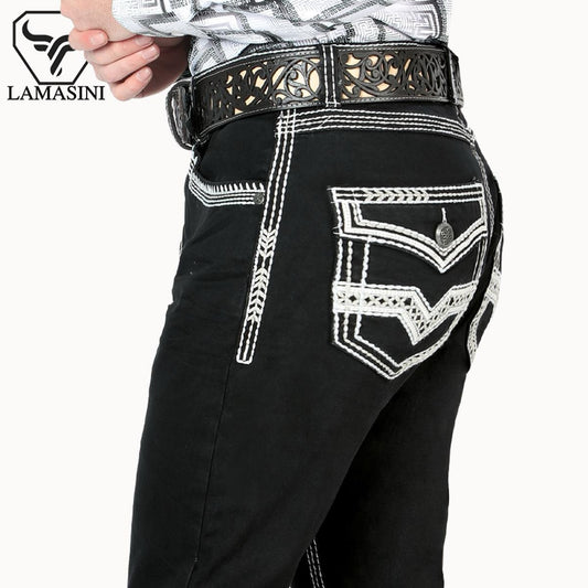 PREMIUM DENIM Embroidery Jeans Modern Boot Cut - Men's Menswear HIGH QYUALITY Lam1851Black