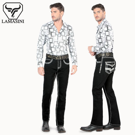 PREMIUM DENIM Embroidery Jeans Modern Boot Cut - Men's Menswear HIGH QYUALITY Lam1851Black