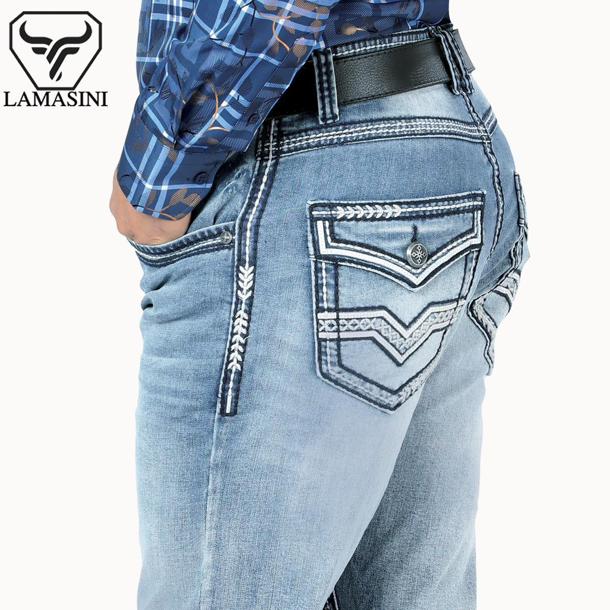 LAM1851 Light Blue Premium Denim Embroidery Jeans with Modern Boot Cut, High Quality Cotton, All Seasons, Button Closure, Western Style Classic Menswear