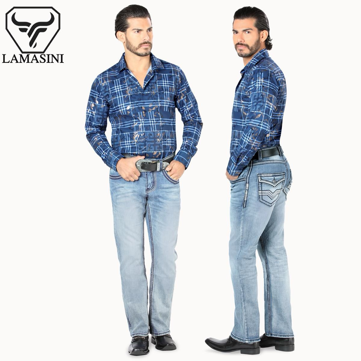 LAM1851 Light Blue Premium Denim Embroidery Jeans with Modern Boot Cut, High Quality Cotton, All Seasons, Button Closure, Western Style Classic Menswear
