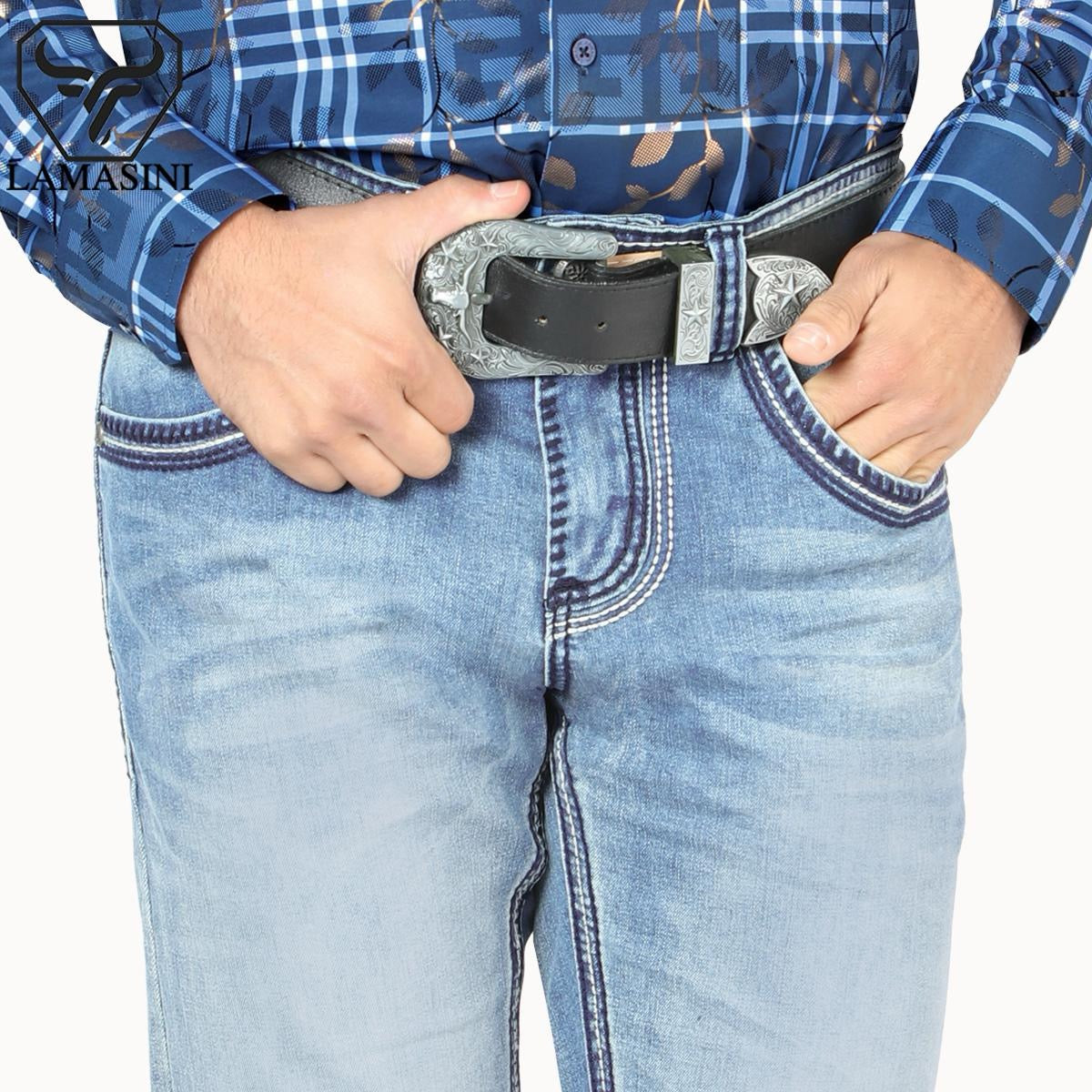 LAM1851 Light Blue Premium Denim Embroidery Jeans with Modern Boot Cut, High Quality Cotton, All Seasons, Button Closure, Western Style Classic Menswear