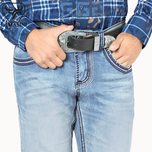 LAM1851 Light Blue Premium Denim Embroidery Jeans with Modern Boot Cut, High Quality Cotton, All Seasons, Button Closure, Western Style Classic Menswear