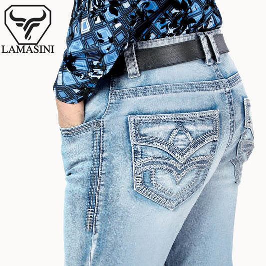 Premium Denim Embroidery Jeans with Modern Boot Cut, High Quality Cotton, Lamasini Lam1867 Light blue All Seasons, Button Closure, Western Style Classic Menswear