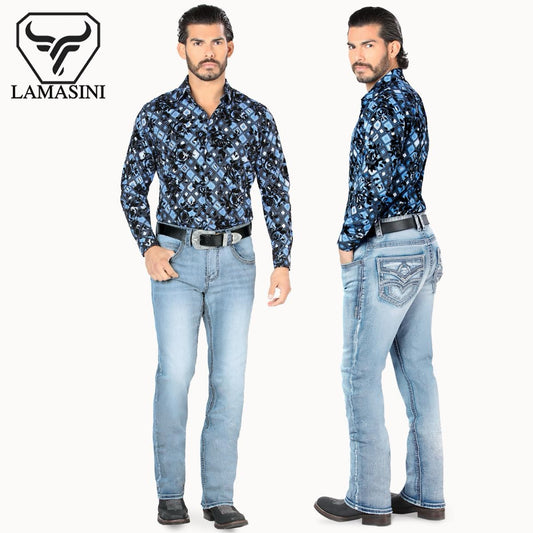 Premium Denim Embroidery Jeans with Modern Boot Cut, High Quality Cotton, Lamasini Lam1867 Light blue All Seasons, Button Closure, Western Style Classic Menswear