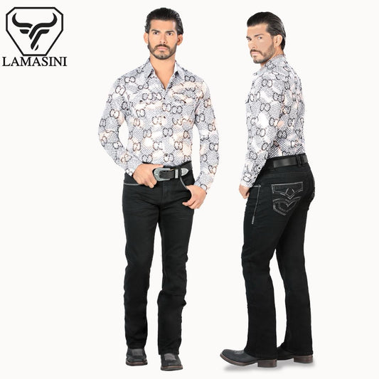 Premium Denim Embroidery Jeans with Modern Boot Cut, High Quality Cotton, Lamasini  Lam1867 Black All Seasons, Button Closure, Western Style Classic Menswear