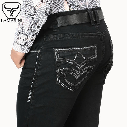 Premium Denim Embroidery Jeans with Modern Boot Cut, High Quality Cotton, Lamasini  Lam1867 Black All Seasons, Button Closure, Western Style Classic Menswear