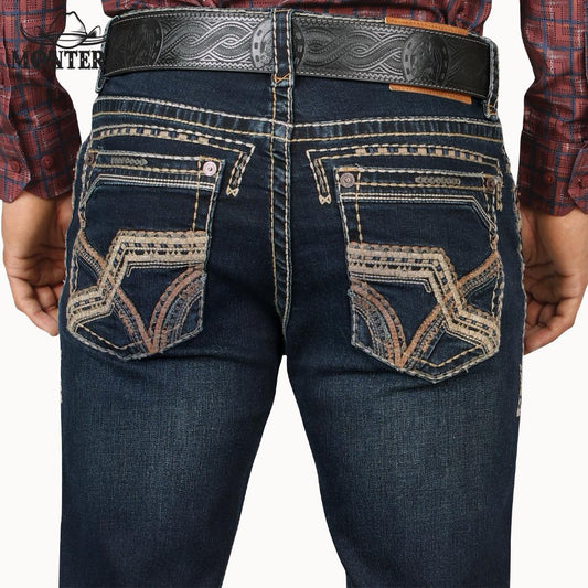 Premium Denim Beige and Brown Embroidery Jeans with Fake Leather and Beige and Brown Patch for Me Montero Mt4629 Dark Blue n - Menswear, Man