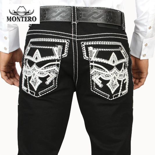 Black Premium Denim Wite Stitching and  Embroidery Jeans with Feaux Leather Men jeans Montero Mt4630 Black  - Menswear, Man Beige