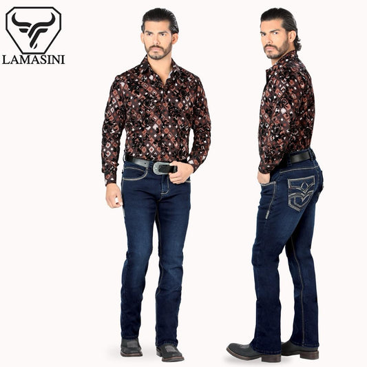 Premium Denim Embroidery Jeans with Modern Boot Cut, High Quality Cotton, Lam1867 Dark blue All Seasons, Button Closure, Western Style Classic Menswear