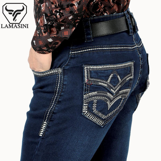 Premium Denim Embroidery Jeans with Modern Boot Cut, High Quality Cotton, Lam1867 Dark blue All Seasons, Button Closure, Western Style Classic Menswear