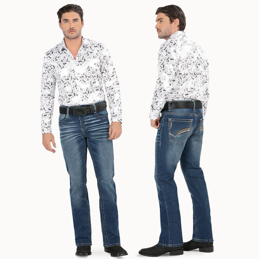 MONTERO JEANS WESTERN STYLE MT4653 medium Blue Washed Denim Boot - Biege, Medium Stitching, Classic Western Style, Machine Washable, All Seasons - Aesthetic - Streetwear, Stylish, Trouser, Overall, Man, Shirts, Cowboy, Pants, Menswear